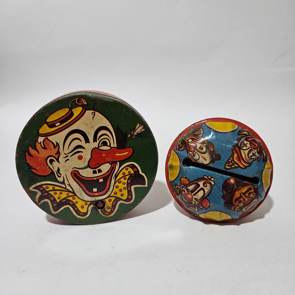 Vintage Tin Litho Circus Clown Noise Maker Set Crank Rattle Toy Lot